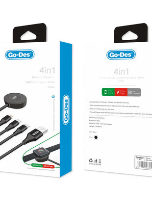 Pack de 10 Cables Go-Des  4 en 1  Chargeur Sans Fil /Lightning/Type-C/Micro-Cable Noir