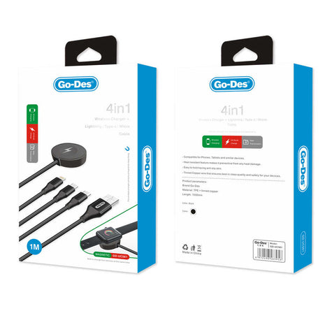 Pack de 10 Cables Go-Des  4 en 1  Chargeur Sans Fil /Lightning/Type-C/Micro-Cable Noir