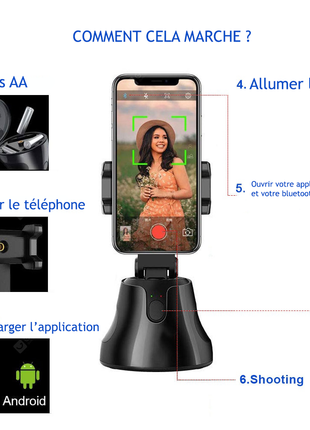 Support smartphone tracking 360° IA noir (qualité premium)