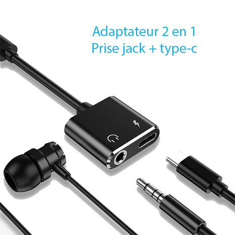 Adaptateur type-c avec 2 entrées (type-c et jack) noir Go-Des