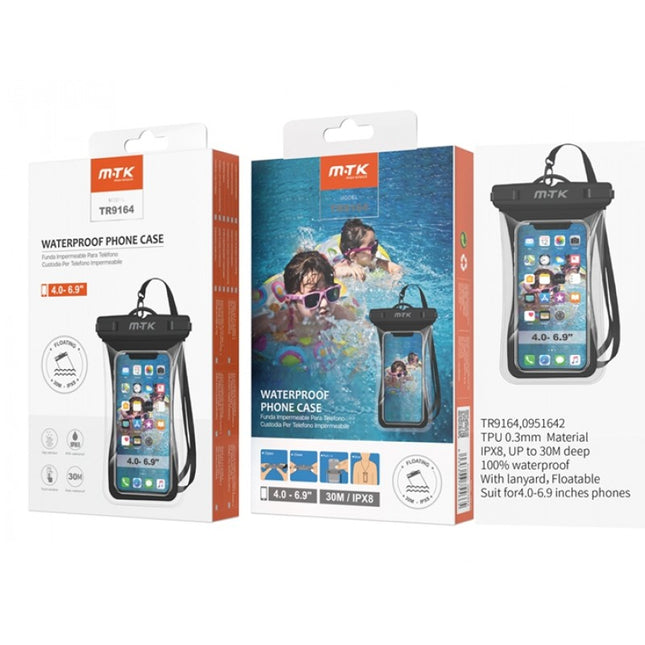 Etui Etanche pour Téléphones avec Lanière, Flottant, 4.0" - 6,7" Noir