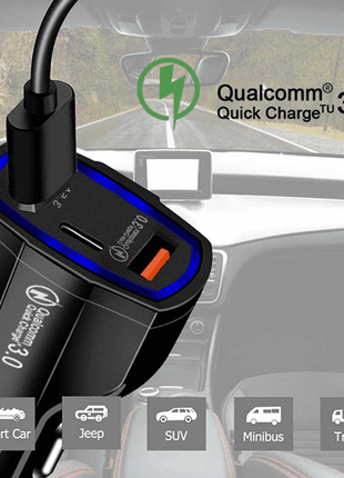 Chargeur Voiture /  Prise Allume Cigare Noir 7A Avec Deux Entrées USB Et Une Entrée Type-C