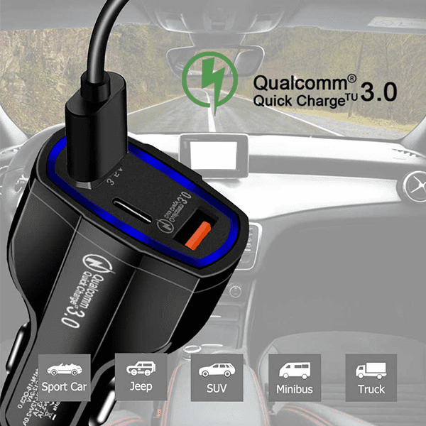 Chargeur Voiture /Prise Allume Cigare Blanc 7A Avec Deux Entrées USB Et Type C