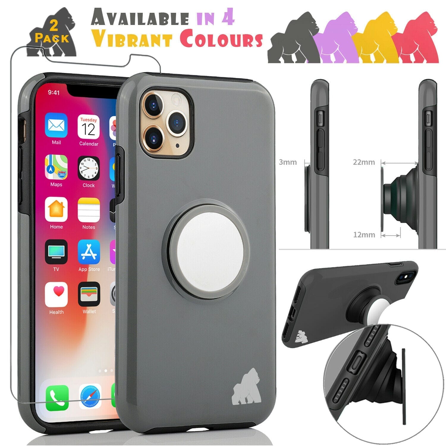 Coque Gorilla Tech Pop Support Gris Pour Apple iPhone 11 Pro Max