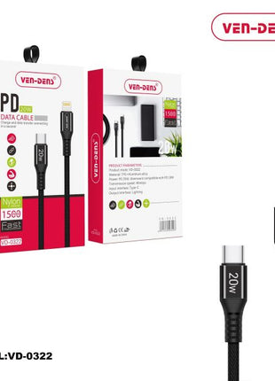 Câble Ven-Dens PD20W Apple iPhone Type-C vers Lightning - Noir
