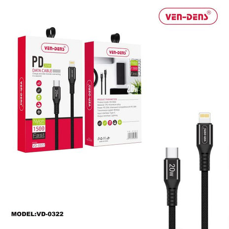 Câble Ven-Dens PD20W Apple iPhone Type-C vers Lightning - Noir